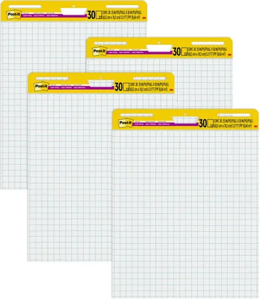 Post-it Super Sticky Easel Pad, Great for Virtual Teachers and Students, 25 x30 Inches, White with Grid, 30 Sheets/Pad, 4 Pads/Pack (560 VAD 4PK)