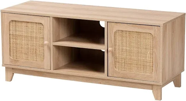 Baxton Studio Elsbeth Mid Century Modern Light Brown Finished Wood and Natural Rattan 2 Door TV Stand