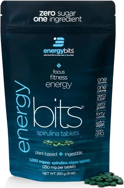 ENERGYBITS - Organic Spirulina Tablets - Plant-Based Algae Superfood - for Focus, Fitness, Energy - Plant Protein - Gluten Free - Collagen, Vitamin B12, Omega 3 - Keto & Vegan - 60 Algae Tablets