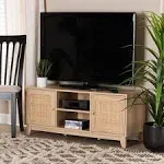 Baxton Studio Elsbeth Mid Century Modern Light Brown Finished Wood and Natural Rattan 2 Door TV Stand