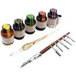 GC QUILL MU-02 Calligraphy Pen Set, Glass Dip Pen and Handcrafted Wooden Dip Pen Gift Set with 5 Colors Calligraphy Ink 6 Nibs 1 Pen Holder, Calligraphy Set for Beginners