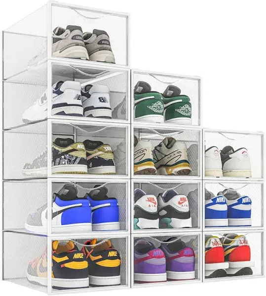 Seseno 12 Pack Shoe Organizer Storage Bins, Clear Plastic Stackable Shoe Boxes for Closet, Space Saving Foldable Shoe Storage Bins, Sneaker Storage