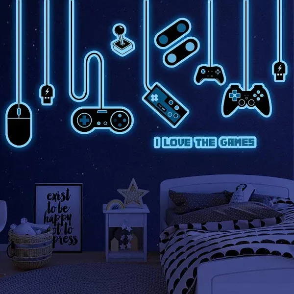 Game Wall Decals Glow in The Dark Gamer Wall Decals Gaming Wall Stickers Game Room Decor Glow Gaming Controller Sticker Removable Video Game Wall Decor for Boys Kids Girls Bedroom Playroom Home Decor