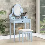 Roundhill Furniture Moniys Wood Makeup Vanity Table and Stool Set, Blue