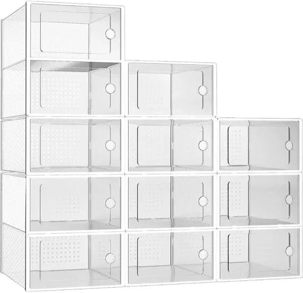 Seseno 12 Pack Shoe Organizer Storage Bins, Clear Plastic Stackable Shoe Boxes for Closet, Space Saving Foldable Shoe Storage Bins, Sneaker Storage Shoe Box