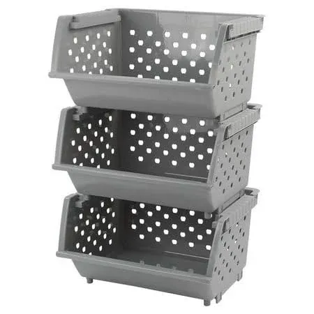 3-Pack Plastic Stacking Storage Basket, Stackable Bin Organizer, Gray Traffer