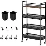 Jsluiiys 4 Tier Slim Storage Cart Narrow Rolling Kitchen Cart On Wheels for Small Space Narrow Laundry Cart with Wooden Top Met