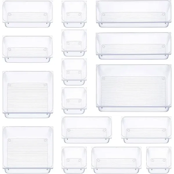 16 PCS Clear Plastic Drawer Organizers Set 5-Size Vanity Organizer Storage Tr...