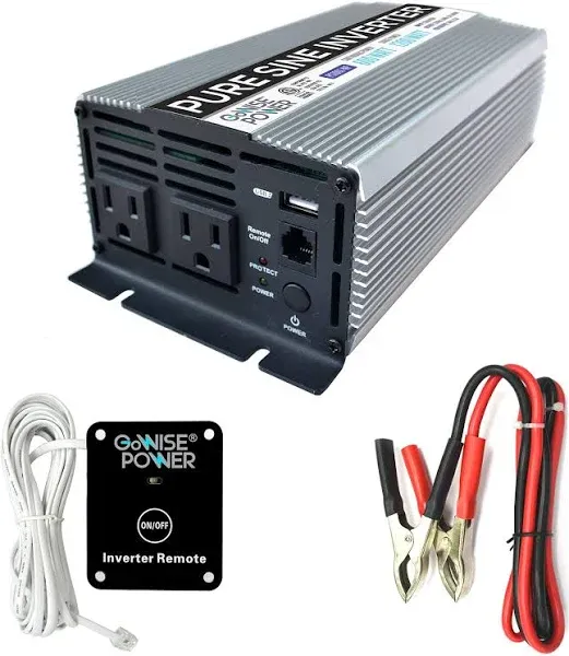 GoWISE Power 600W Pure Sine Wave Inverter 12V DC to 115V AC with 2 AC Outlets + 1 5V USB Port and 2 Clamp Cables (1200W Peak) PS1001