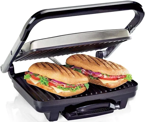 Hamilton Beach Panini Press Sandwich Maker & Electric Indoor Grill with Locking Lid, Opens 180 Degrees for Any Thickness for Quesadillas, Burgers &