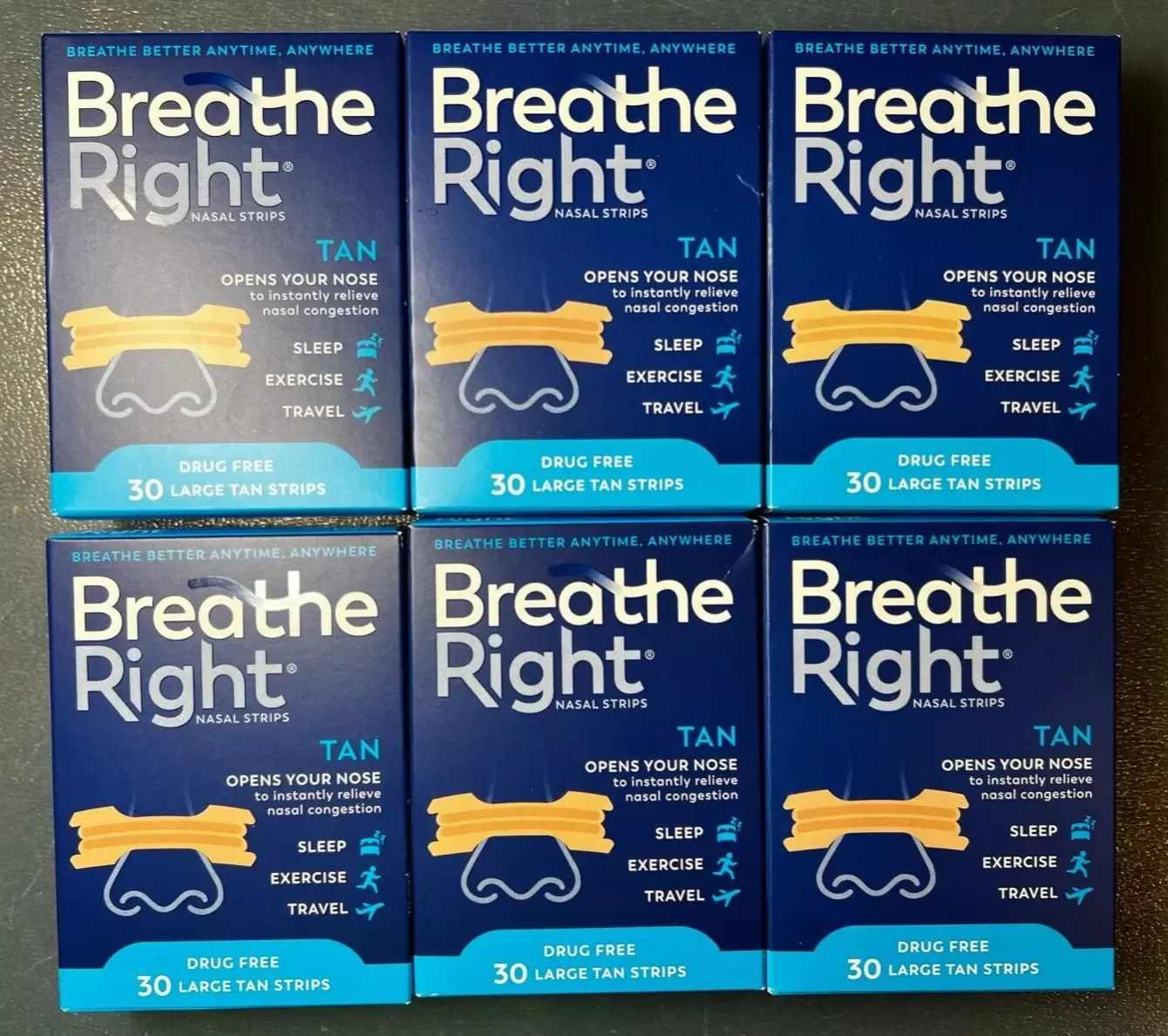 6 PACKS Breathe Right Nasal Strips Original Tan LARGE 30 in Each (180 Strips TL)