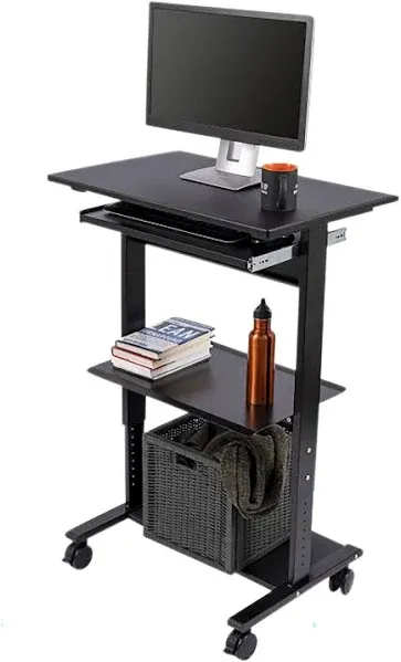 Stand Up Desk Store Mobile Rolling Adjustable Height Standing Workstation with Printer Shelf and Slideout Keyboard Tray (Black Frame/Black Top, 30" Wide)