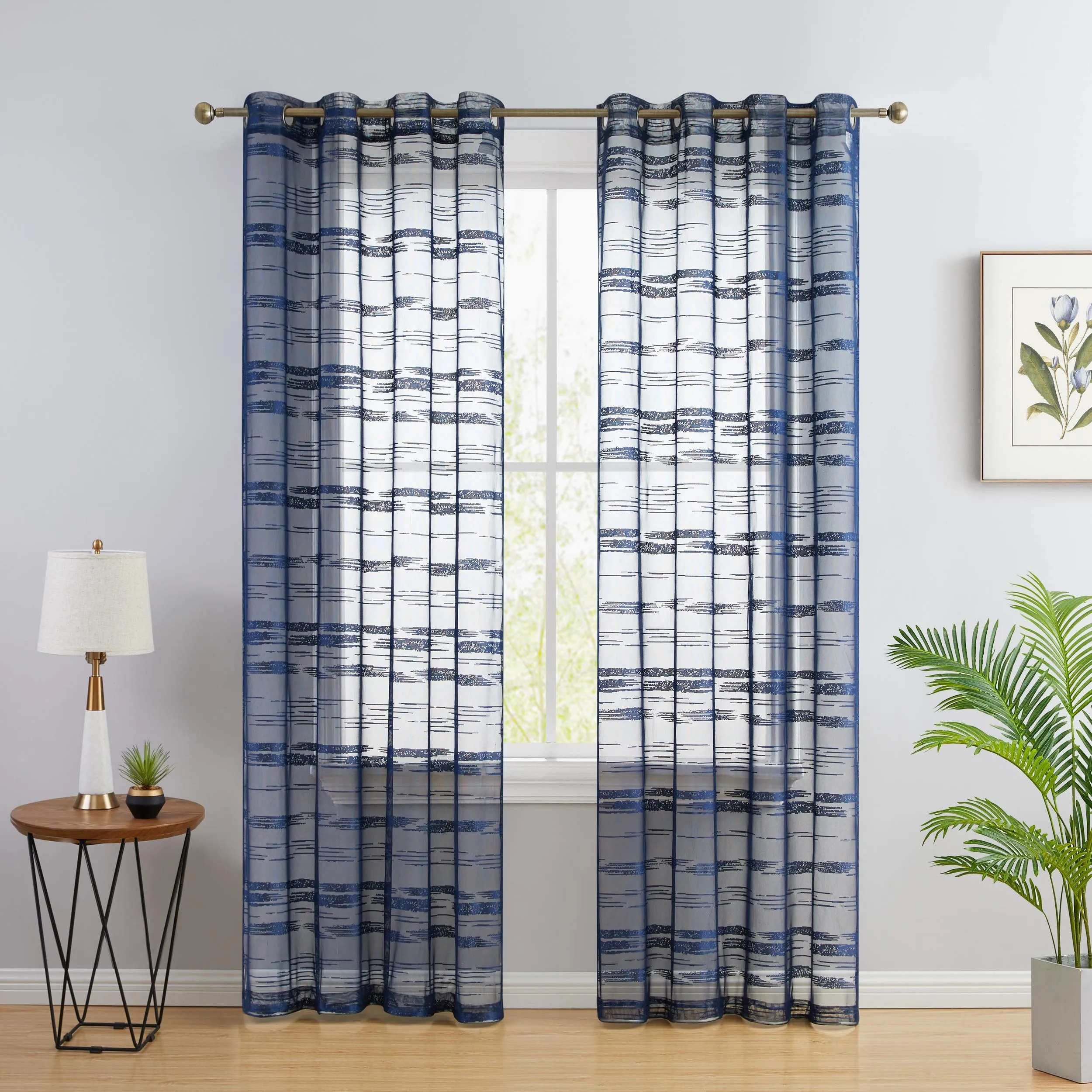 HLC.ME Broadway Stripe Decorative Sheer Light Filtering Grommet Window Treatment Curtain Drapery Panels for Bedroom & Living Room - Set of 2 Panels (54 x 96 inches Long, Navy Blue)