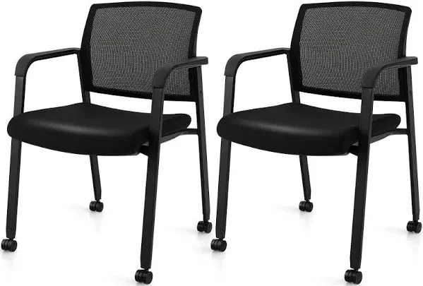 2 Pcs Office Guest Chairs on Wheels w/ Metal Frame &amp; Armrests Mesh Back Office