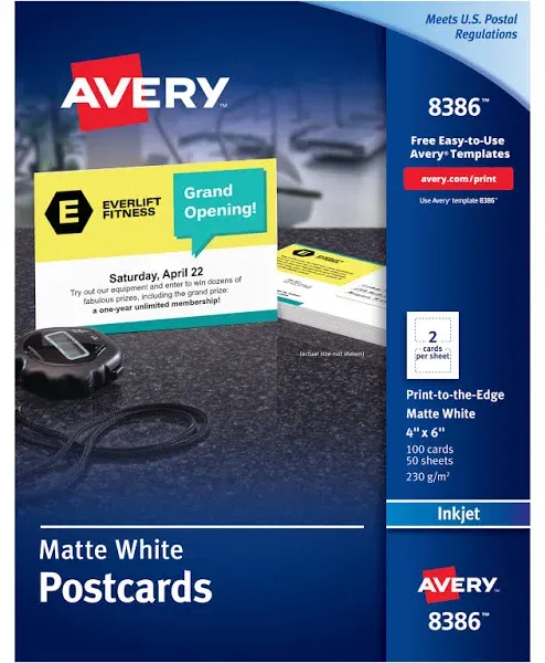 Avery Printable Postcards with Sure Feed Technology, 4" x 6", Matte White, 100 Blank Postcards for Inkjet Printers (8386)