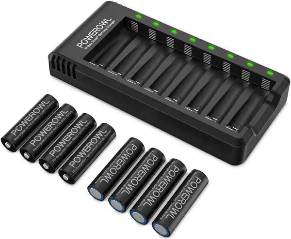 POWEROWL Rechargeable Battery AA with Charger 8 Pcs AA Rechargeable Batteries