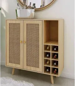 Atlantic Loft & Luv Remy Boho Mid-Century Bar Cabinet with Natural Rattan Panels with Storage, Natural Finish