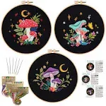 Nuberlic 3 Pack Embroidery Kit for Beginner Adults, Stamped Cross Stitch for Embroidery Starters with Mushroom Patterns Include 3 Embroidery Hoop, CL