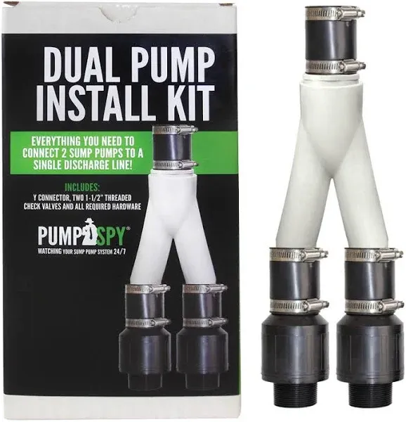 PumpSpy Dual Pump Install Kit - Double Sump Pump Connection, Basement Water Pump Backup Y-Connector - Sump Pump Submersible Backup Connector To Single Discharge Line - Dual Pump System To 1-1/2" Line