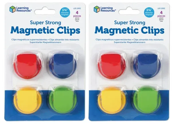 Learning Resources Super Strong Magnetic Clips Set - 1.5&quot; Diameter - 50 Sheet Capacity - for Whiteboard, Folder - 4 / Pack - Assorted