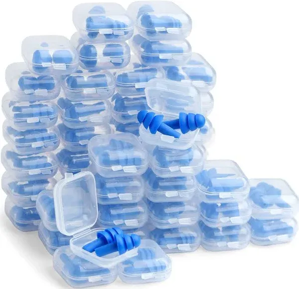 50 Pair Silicone Ear Plugs in Plastic Cases Soft Reusable Comfortable in Bulk Hearing Protection Water Earplugs Shower Diving Surfing Waterproof Sports Reusable Ear Plugs for Swimming Adults