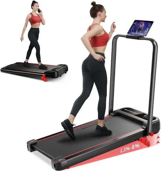 RHYTHM FUN Incline Foldable Treadmill, Walking Pad with Handle Bar 3 Level Incline, 300 Lbs Portable Treadmill for Home Office, Under Desk Compact Treadmill with LED Display Remote Control & APP