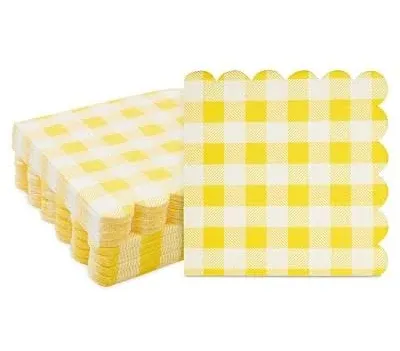 BLUE PANDA 100 Pack Yellow Plaid Paper Napkins for Birthday Party Supplies (6.5 x 6.5 In)