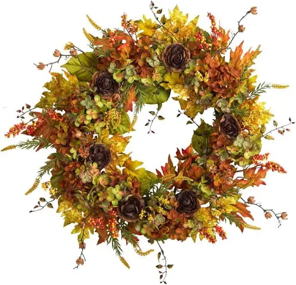 32" Hydrangea, Ranunculus & Maple Leaf Autumn Artificial Wreath