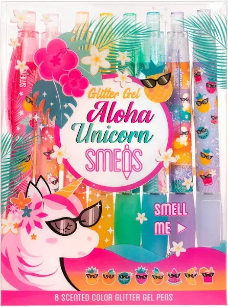 Glitter Gel Smens (Aloha Unicorn) - Patented Gourmet Scented Pens, Colored Gel Ink, Medium Point, 8 Count