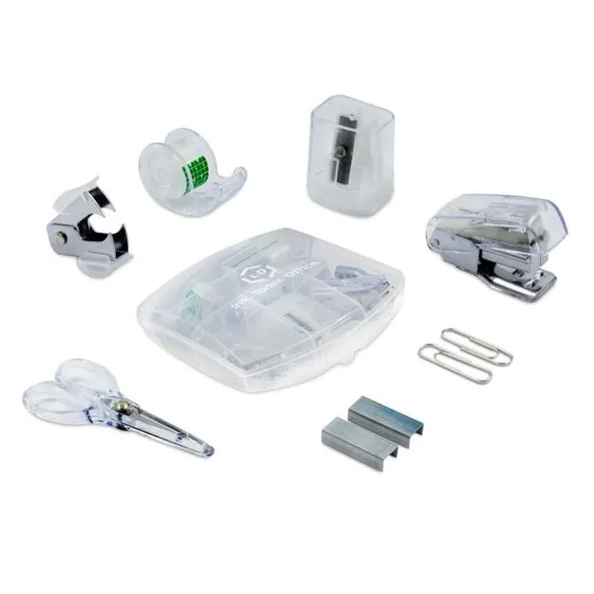 Mini Office Supply Kit Clear with Portable Case Scissors, Stapler and Much More