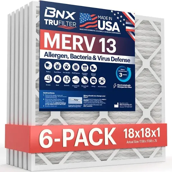 BNX TruFilter 16x20x4 (15.5’’ x 19.5’’ x 3.63‘’ Slim Fit) MERV 13 Air Filter (2-Pack) - MADE IN USA - Air Conditioner HVAC AC Furnace Filters Health, Allergies, Mold, Bacteria, Smoke, MPR 1900 FPR 10