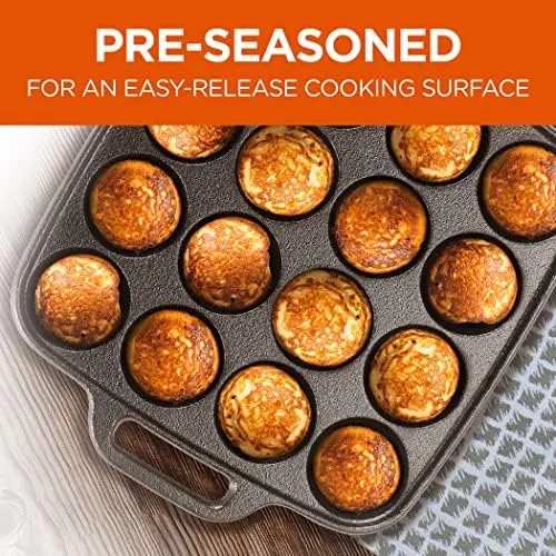 COMMERCIAL CHEF Cast Iron Cookware Aebleskiver Pan with 16 Cake Pop Mold Openings, Cast Iron Donut Pan for Baking with Handles, Enameled Cast Iron with Even Heat Retention