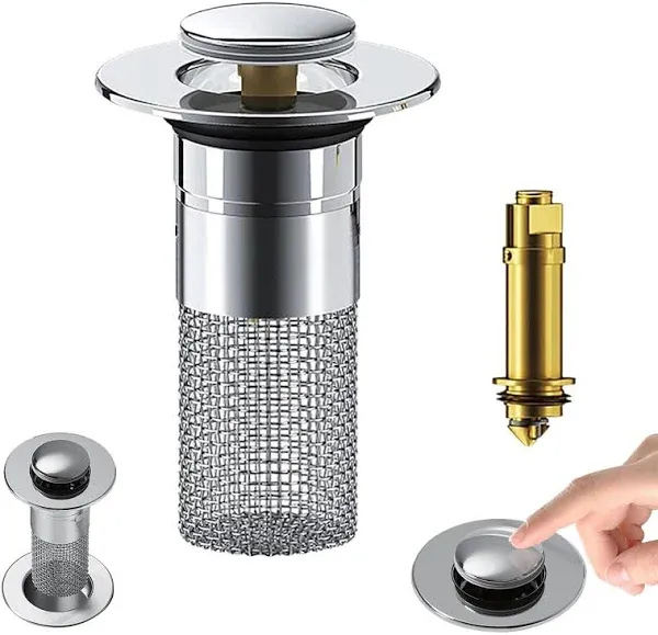 Pop Up Bathroom Sink Drain Strainer Hair Catcher Sink Drain Stopper with Removable Stainless Steel Filter Basket