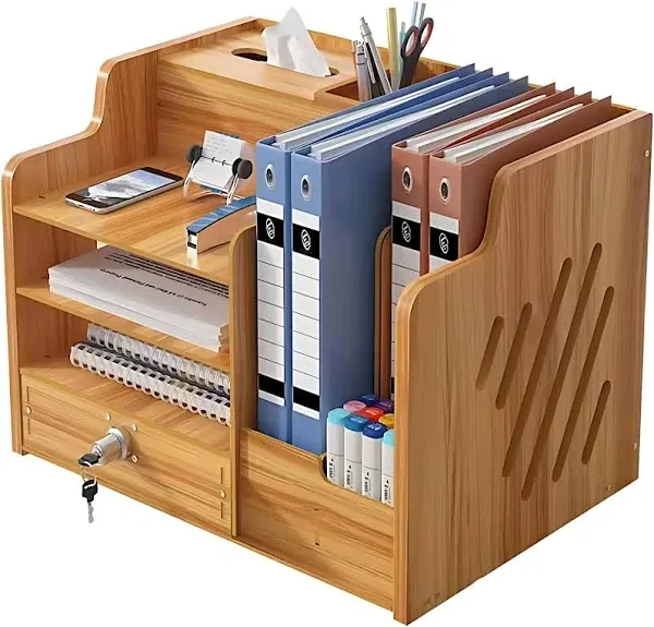 Joroki Home & Care Office Supply Wooden Desktop Organizer with Lockable Drawer, Pen Holder, A4 Folder Holder (Natural Wood), JB072