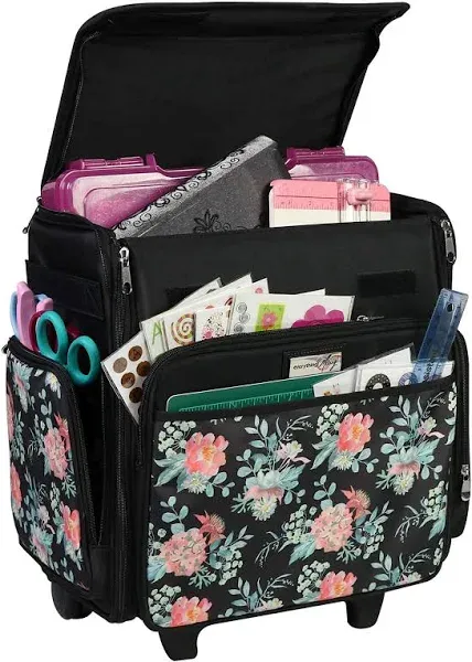 Everything Mary Collapsible Rolling Craft, Flowers - Wheeled Scrapbook Tote for Scrapbooking & Art - Travel Organizer Storage Bin for Paper, Glue, Tape - Roller Cart for Teachers & Medical