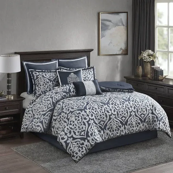 Madison Park - Odette 8 Piece Jacquard Comforter Set - Navy - King