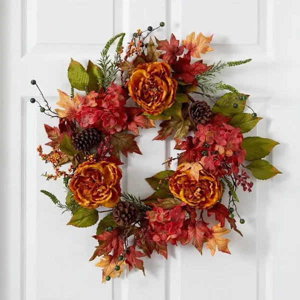 Nearly Natural 25in. Fall Ranunculus, Hydrangea and Berries Autumn Artificial Wreath