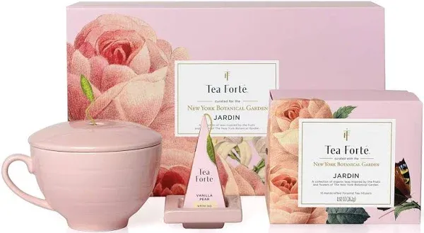 Tea Forte Fleur Gift Set with Cafe Cup Tea Tray and 10 Handcrafted Pyramid Tea Infuser Bags