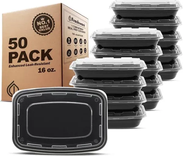 Freshware Meal Prep Containers [50 Pack] 2 Compartment with Lids, Food Storage Containers, Bento Box, BPA Free, Stackable, Microwave/Dishwasher