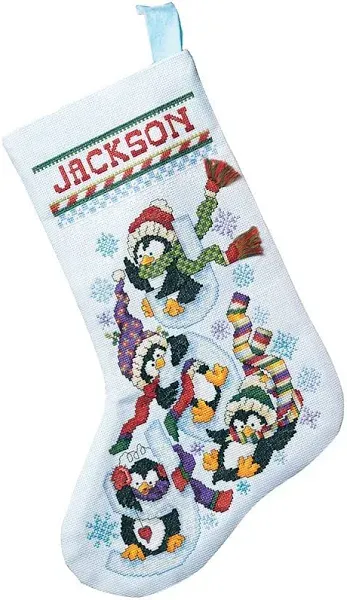 Janlynn 80-0477 Penguin Joy Stocking Counted Cross Stitch Kit, 18" diagonally, Light Blue