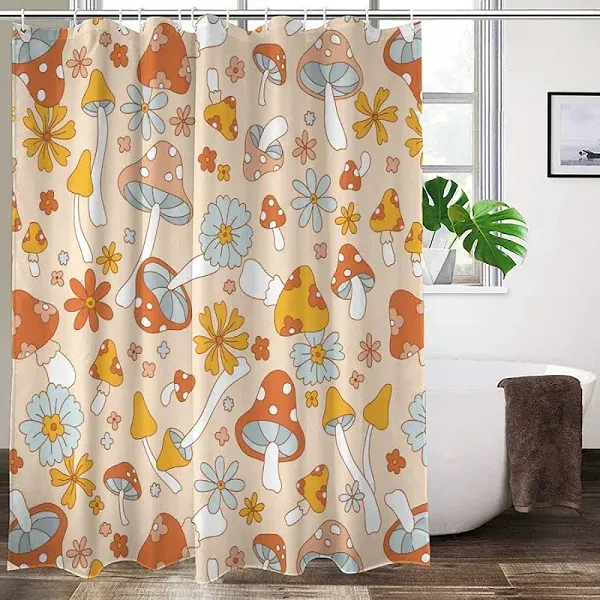 Retro 70s 60s Hippie Mushroom Shower Curtain Funky Vintage Cute Flower Boho Flor