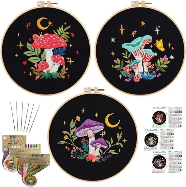 Nuberlic 3 Pack Embroidery Kit for Beginner Adults, Stamped Cross Stitch for Embroidery Starters with Mushroom Patterns Include 3 Embroidery Hoop, Cloth Thread Needles and Instructions