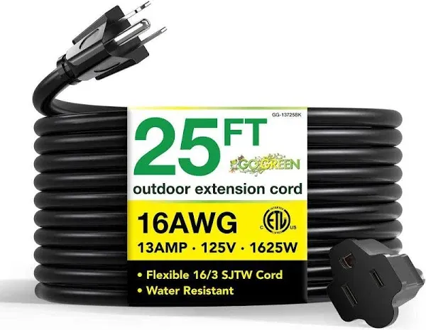 Go Green Power Inc. 16/3 25ft Black Outdoor Extension Cord - Reliable, Heavy ...