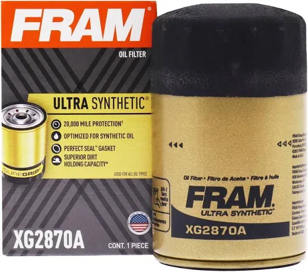 FRAM Ultra Synthetic Automotive Replacement Oil Filter, Designed for Synthetic Oil Changes Lasting up to 20k Miles, XG2870A with SureGrip (Pack of 1)