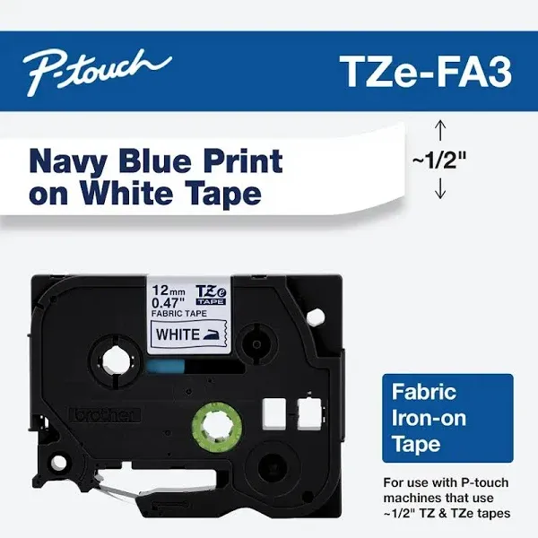 Brother TZEFA3 TZ Industrial Series Fabric Iron-On Tape, Navy-on-White, 1/2" x 9.8 ft