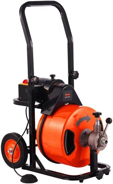 VEVOR Drain Cleaner Machine 75ft x 1/2Inch, Auto Feed Sewer Snake Auger with 4 Cutter & Air-Activated Foot Switch for 1" to 4" Pipes, Orange, Black