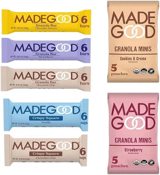 MadeGood Healthy Snacks Variety Pack, 40 Ct - Organic Assortment of Granola Bars, Mini Snack Packs, Crispy Squares; Individually Wrapped Snacks