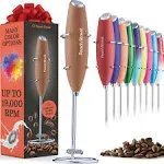 Peach Street Powerful Handheld Milk Frother, Mini Milk Foamer, Battery Operated (Not Included) Stainless Steel Drink Mixer with Frother Stand (Wood)