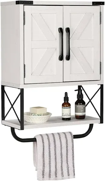 RUSTOWN Farmhouse Rustic Medicine Cabinet with Two Barn Door,Wood Wall Mounted 3-Tier Storage Cabinet with Adjustable Shelf and Towel Bar for