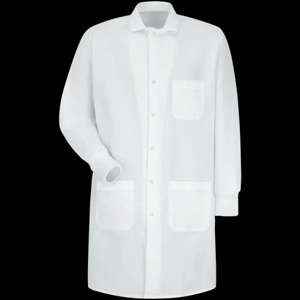 RED KAP Lab Coat: Cotton Poplin/Polyester, Notched Lapel Collar, Snaps Closure, 3 Pockets, White, M